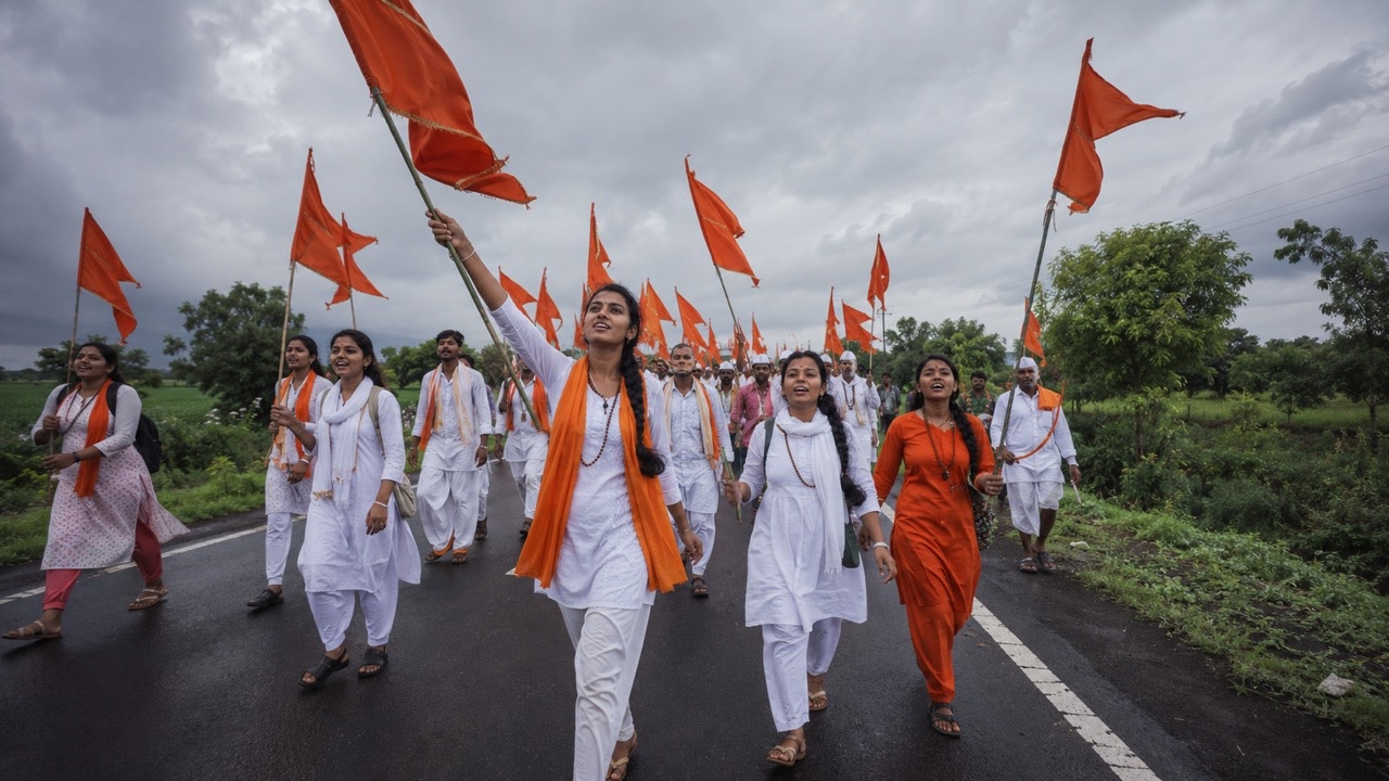 Warkari Pilgrims Walking with Saffron Flags in Monsoon | Royalty-Free image | Pixlaris