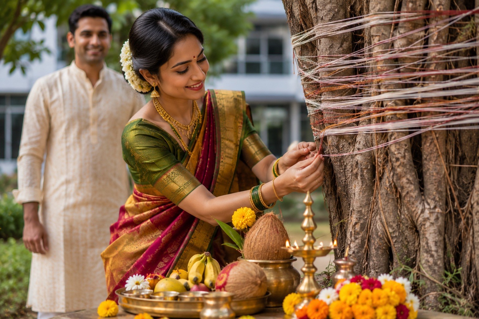 Married Indian Woman Tying Sacred Thread Around Banyan Tree During Vat Purnima Festival
