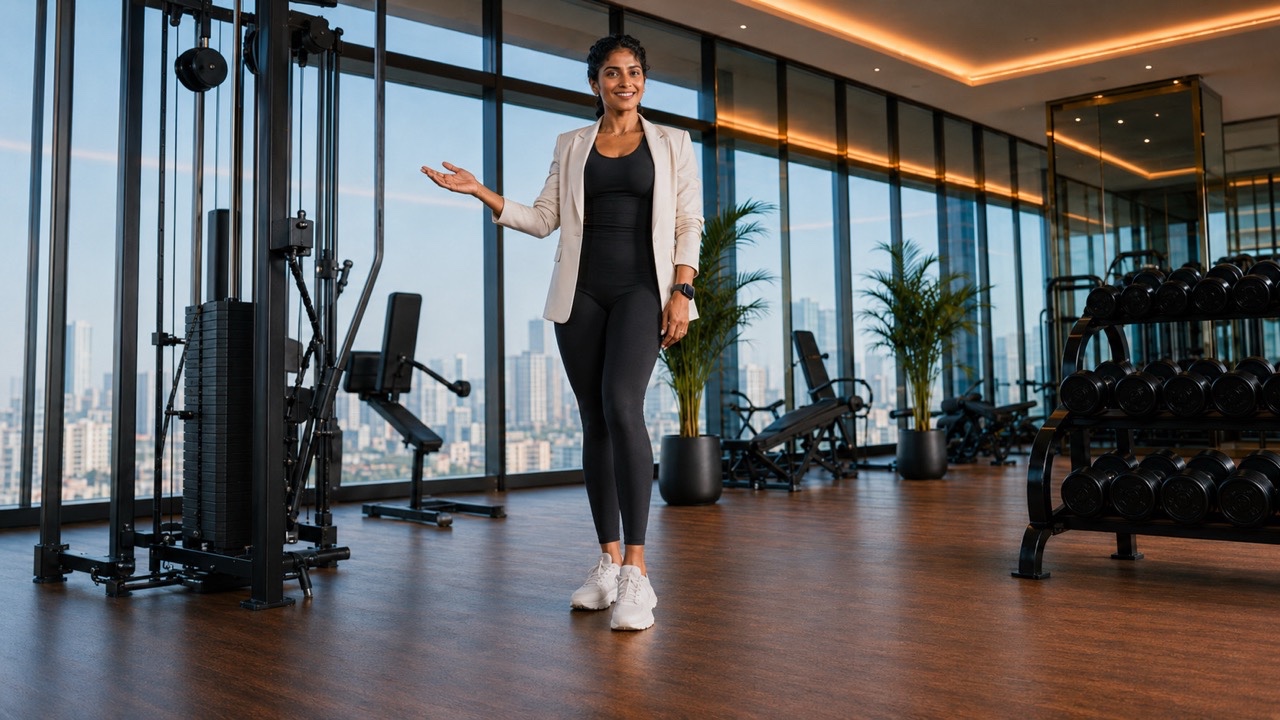 Luxury Fitness Woman Standing Arms Crossed in Premium Gym | Royalty-Free image | Pixlaris