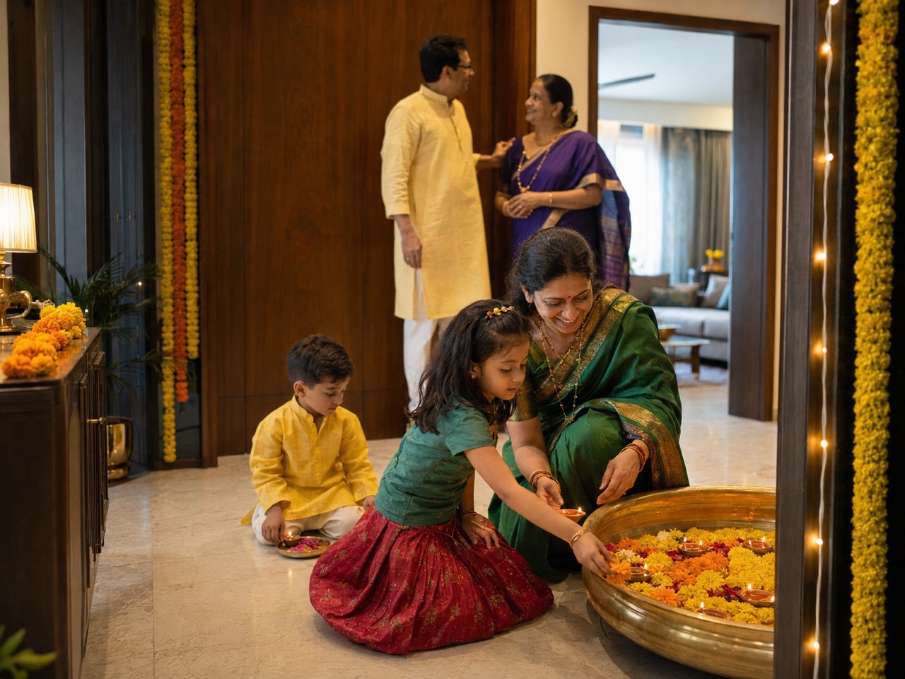 Indian Family Making Rangoli at Decorated Apartment Entrance | Royalty-Free image | Pixlaris