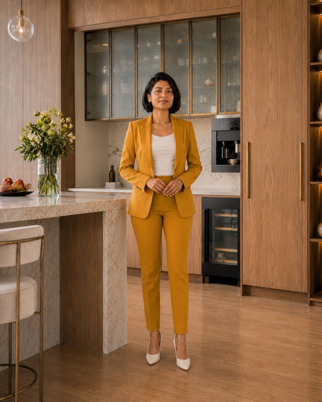 Elegant Indian Businesswoman in Mustard Pantsuit Inside Modern Wooden Kitchen | Royalty-Free image | Pixlaris