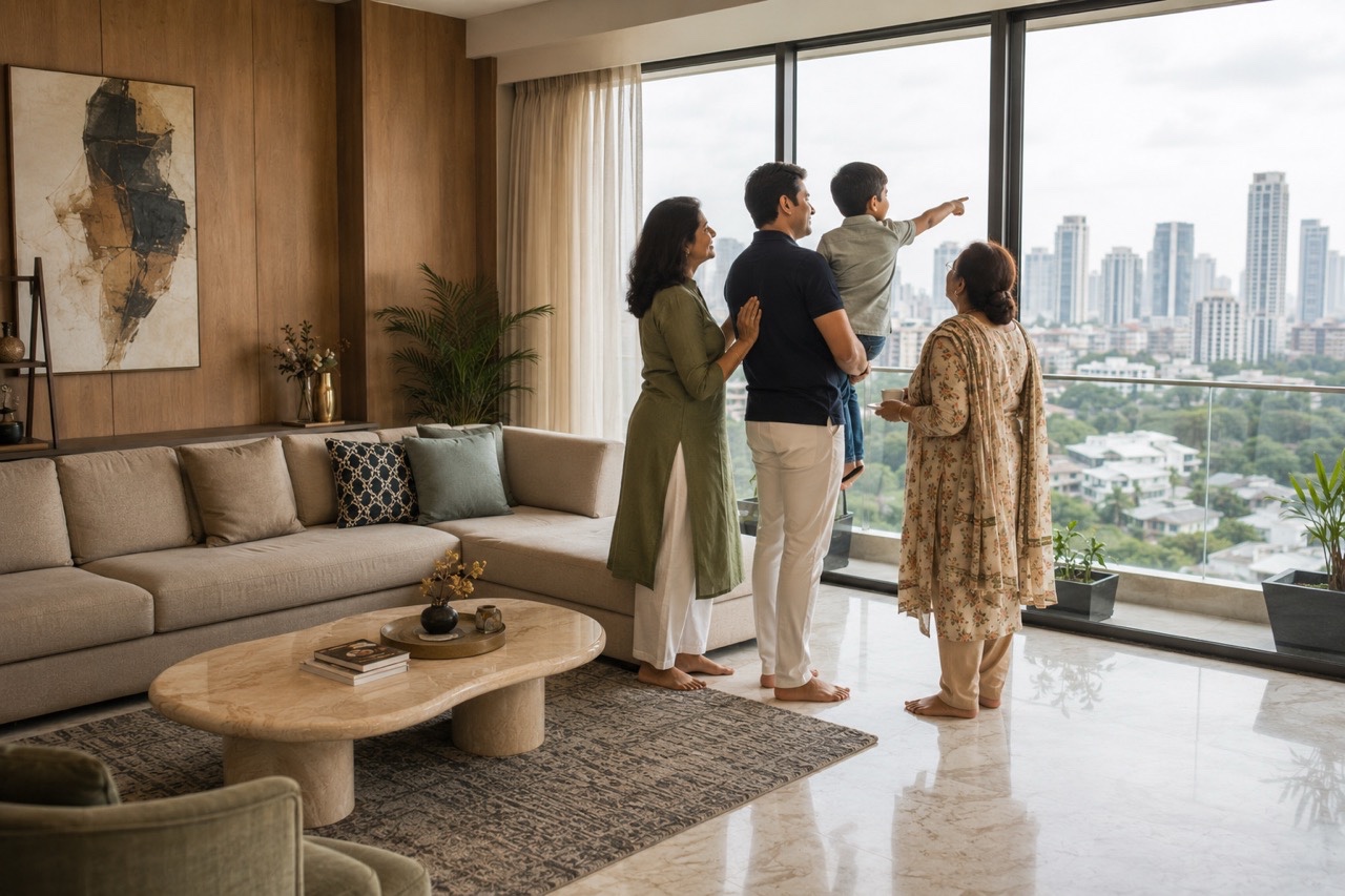 Family Enjoying City View From Luxury Apartment Window | Royalty-Free image | Pixlaris