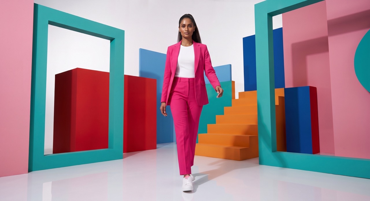 Indian Model Walking Forward in Pink Suit and White Sneakers | Royalty-Free image | Pixlaris