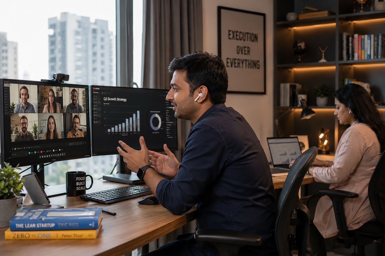Indian Professional Leading Virtual Business Meeting from Modern Home Office  Large