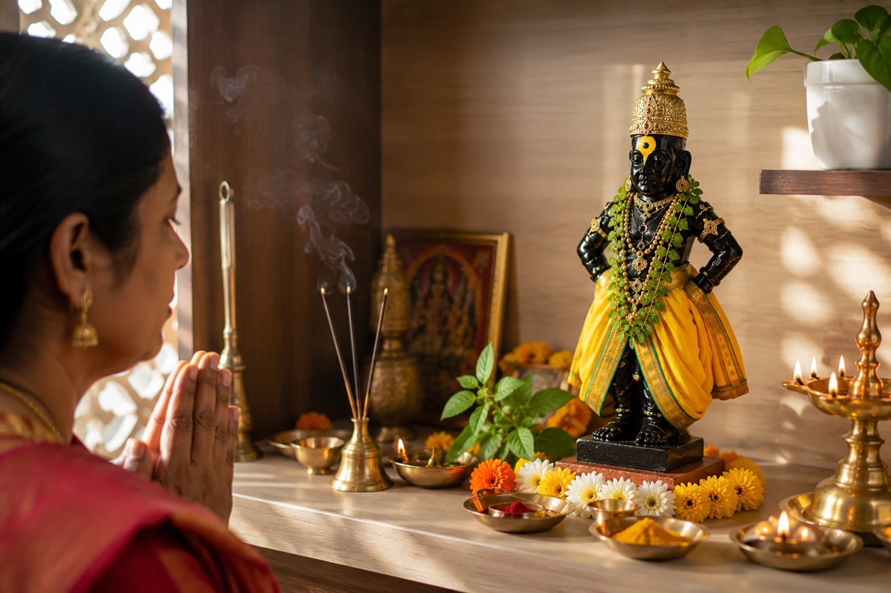 Indian Woman Praying Before Lord Vitthal Idol at Home Temple | Royalty-Free image | Pixlaris