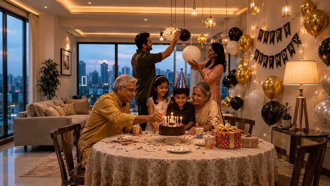 Three Generation Indian Family Celebrating Child's Birthday at Home with Cake and Decorations Large