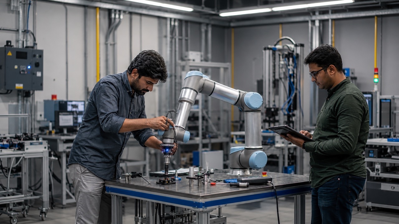 Indian Robotics Engineers Programming Collaborative Robot Arm in Smart Manufacturing Lab Large