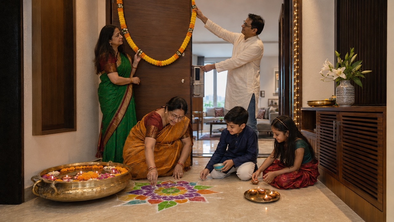 Maharashtrian Family Children Lighting Diyas Near Rangoli | Royalty-Free image | Pixlaris
