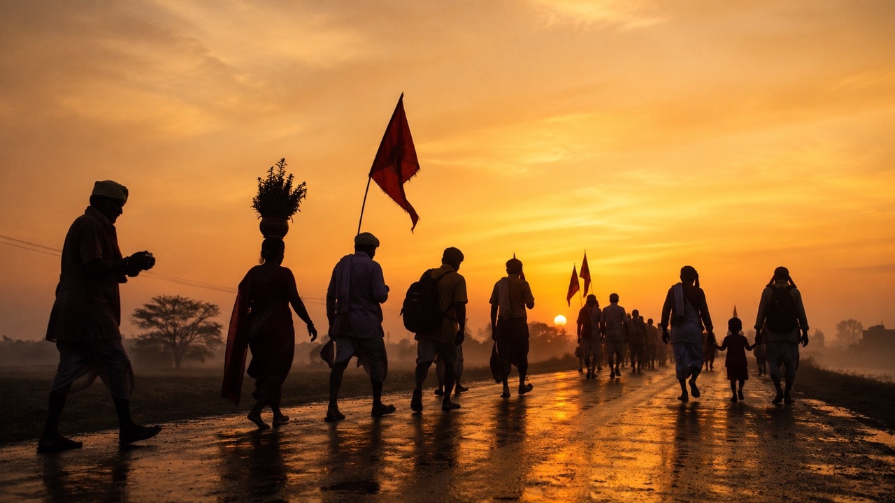 Silhouette of Warkari Pilgrims Walking at Sunset | Royalty-Free image | Pixlaris