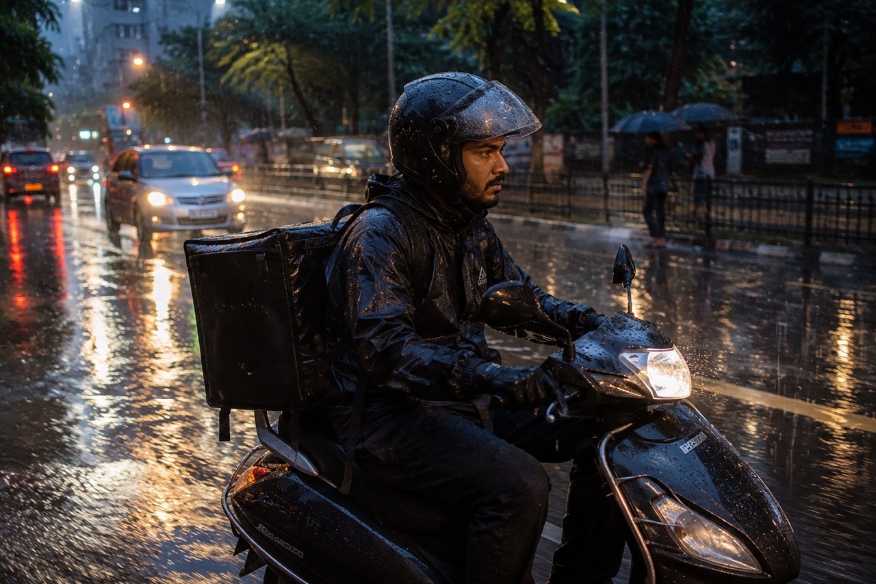 Food Delivery Rider Riding Through Heavy Monsoon Rain in Indian City at Dusk | Royalty-Free image | Pixlaris