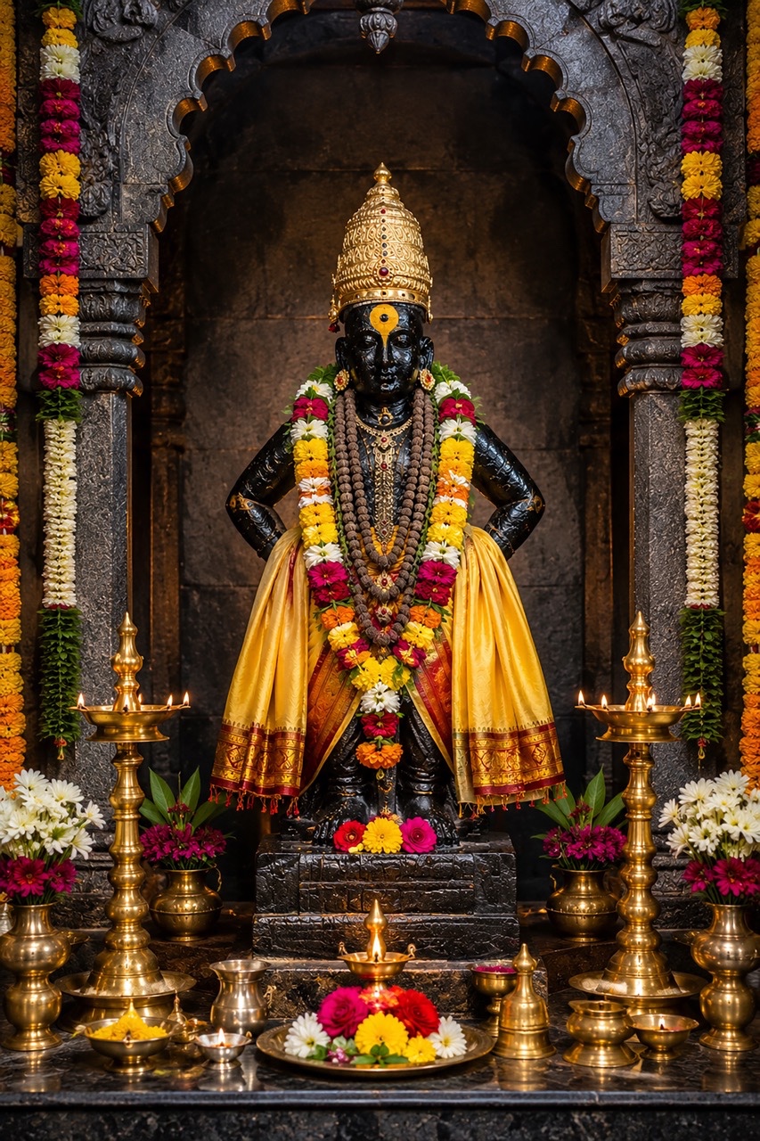 Lord Vitthal Idol Decorated with Fresh Flower Garlands and Brass Lamps | Royalty-Free image | Pixlaris