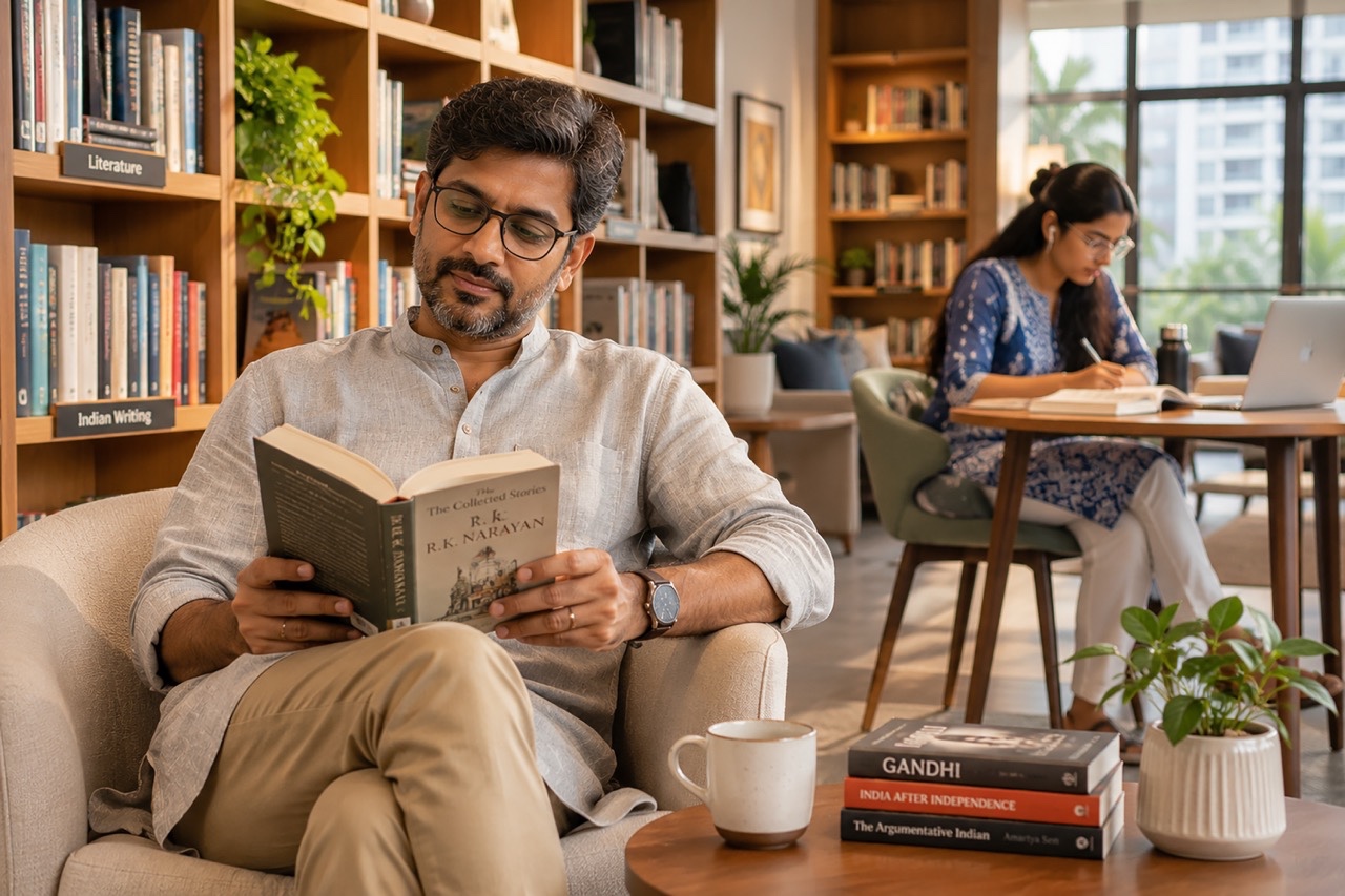 Indian Man Reading Book in Modern Library While Student Studies in Background Large