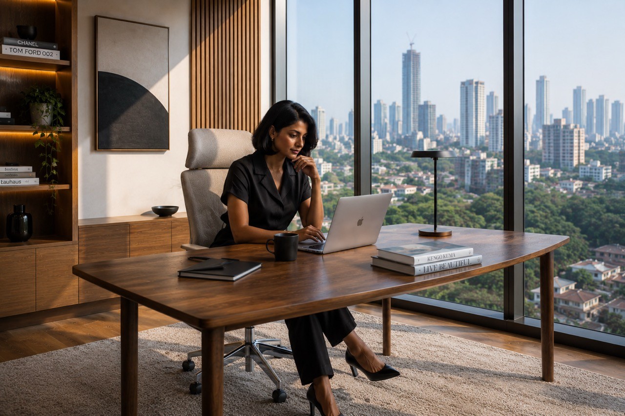 Executive Woman Reviewing Business Strategy at Luxury Desk