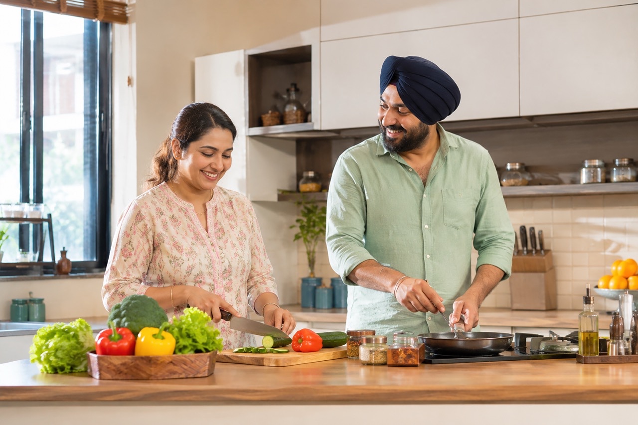 Sikh Indian Couple Cooking Healthy Meal Together in Modern Home Kitchen Large