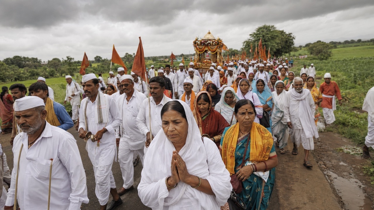 Warkari Woman Singing with Cymbals in Procession | Royalty-Free image | Pixlaris