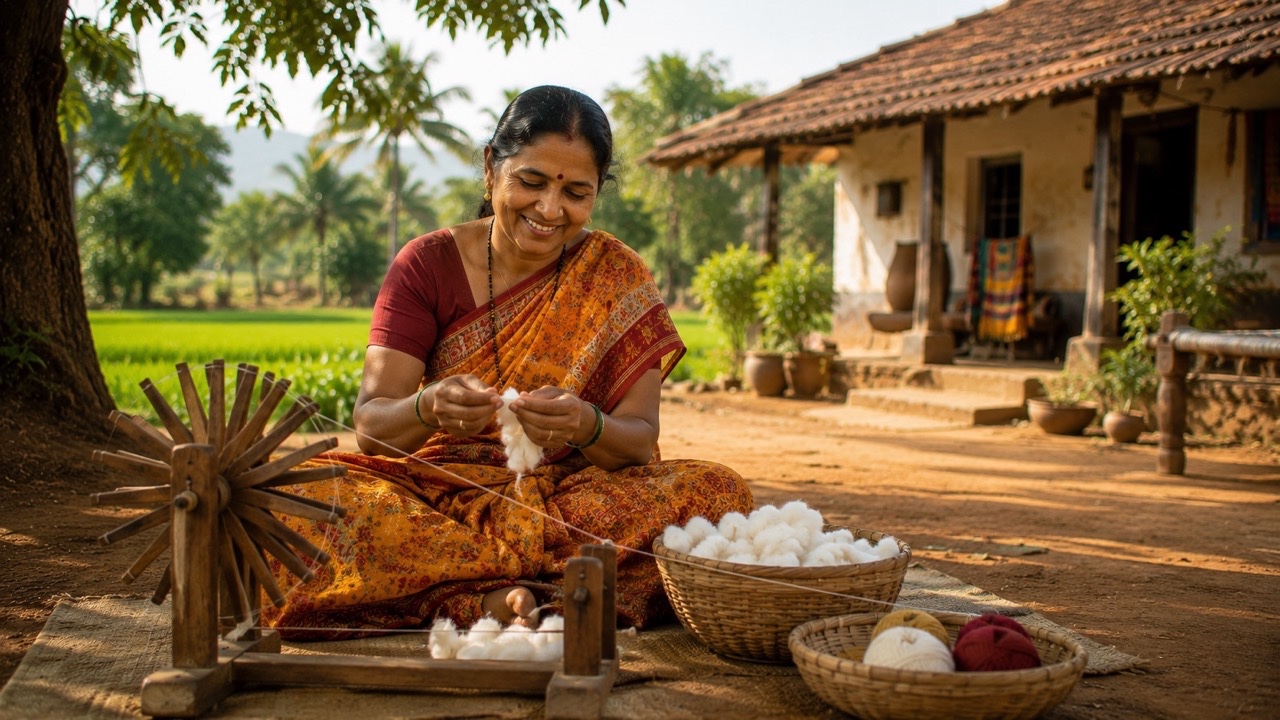 Rural Indian Woman Spinning Cotton Thread in Village Courtyard