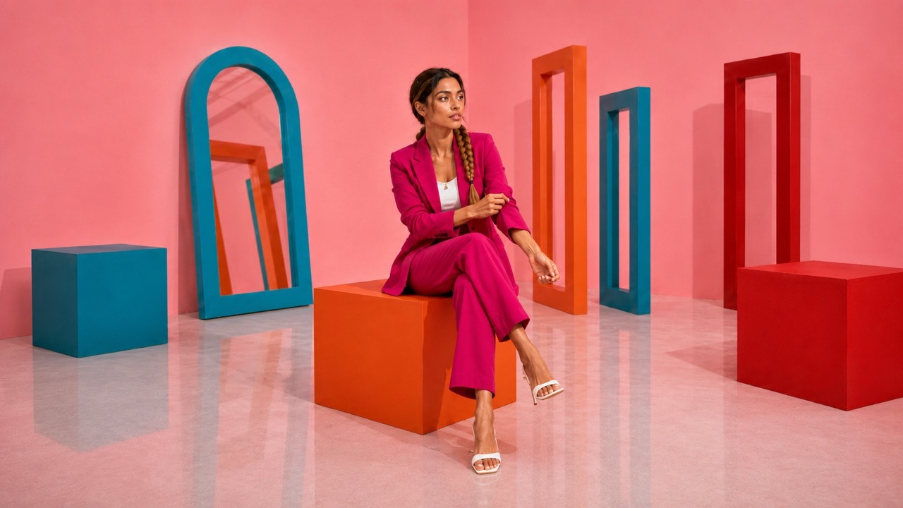 Model Adjusting Sleeve Sitting on Orange Cube | Royalty-Free image | Pixlaris