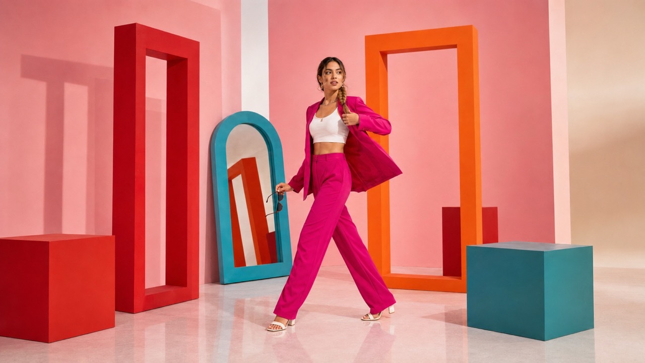 Strutting Model holding Sunglasses in Pink Suit | Royalty-Free image | Pixlaris