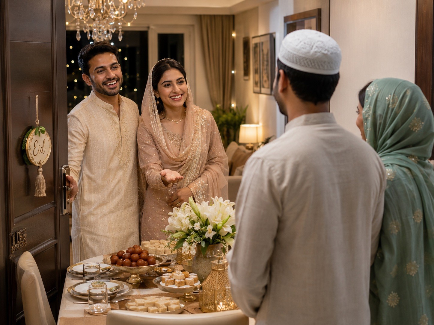 Young Indian Muslim Couple Welcoming Eid Guests into Luxury Apartment Home