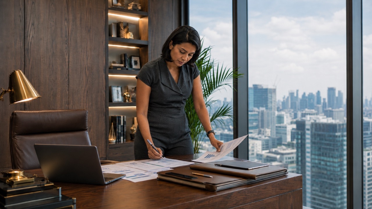 Indian Professional Analyzing Business Reports in Executive Office | Royalty-Free image | Pixlaris