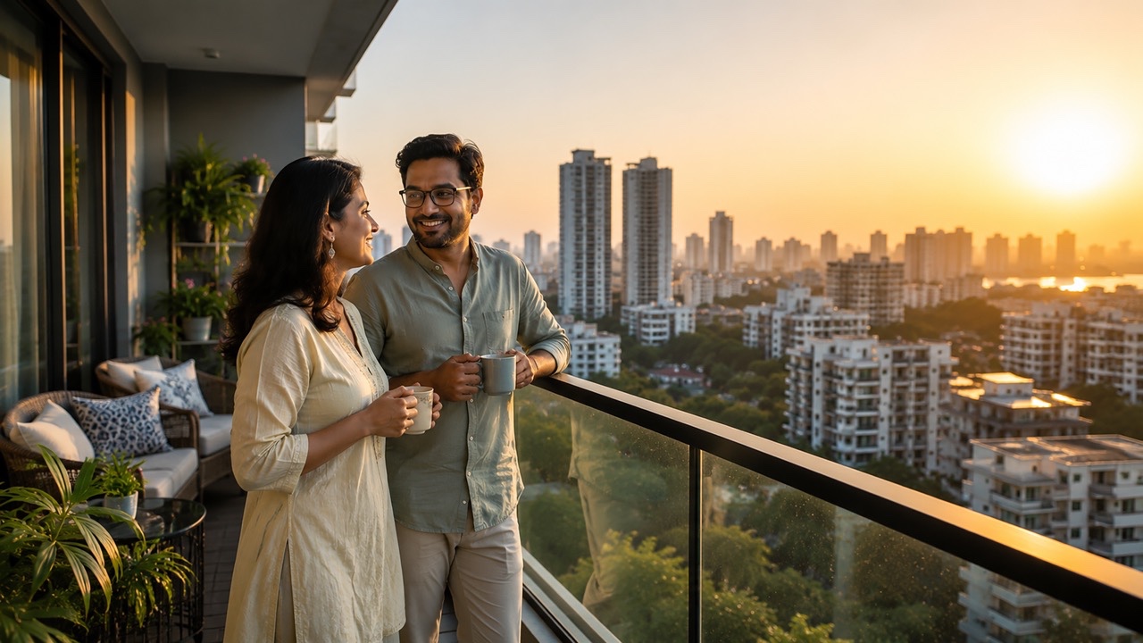 Young Indian Couple Enjoying Morning Coffee on High-Rise Apartment Balcony with City Skyline Large