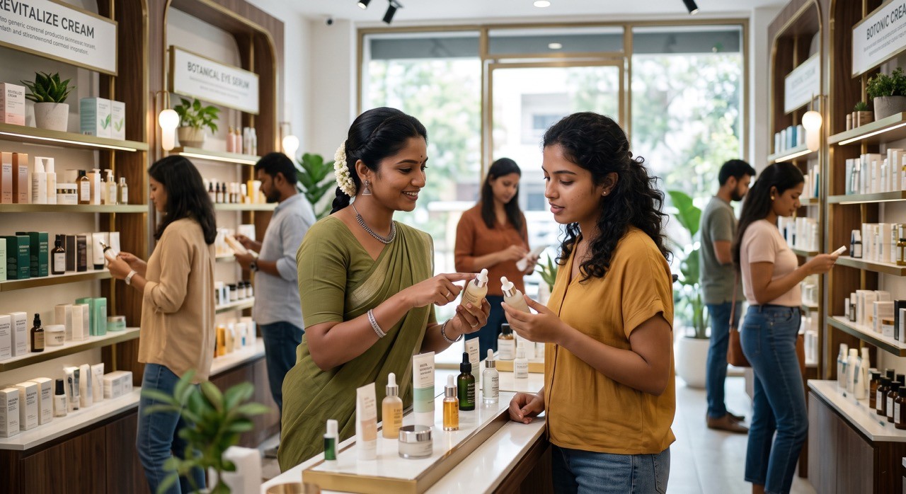 Beauty Consultant Helping Customer Choose Natural Skincare Products