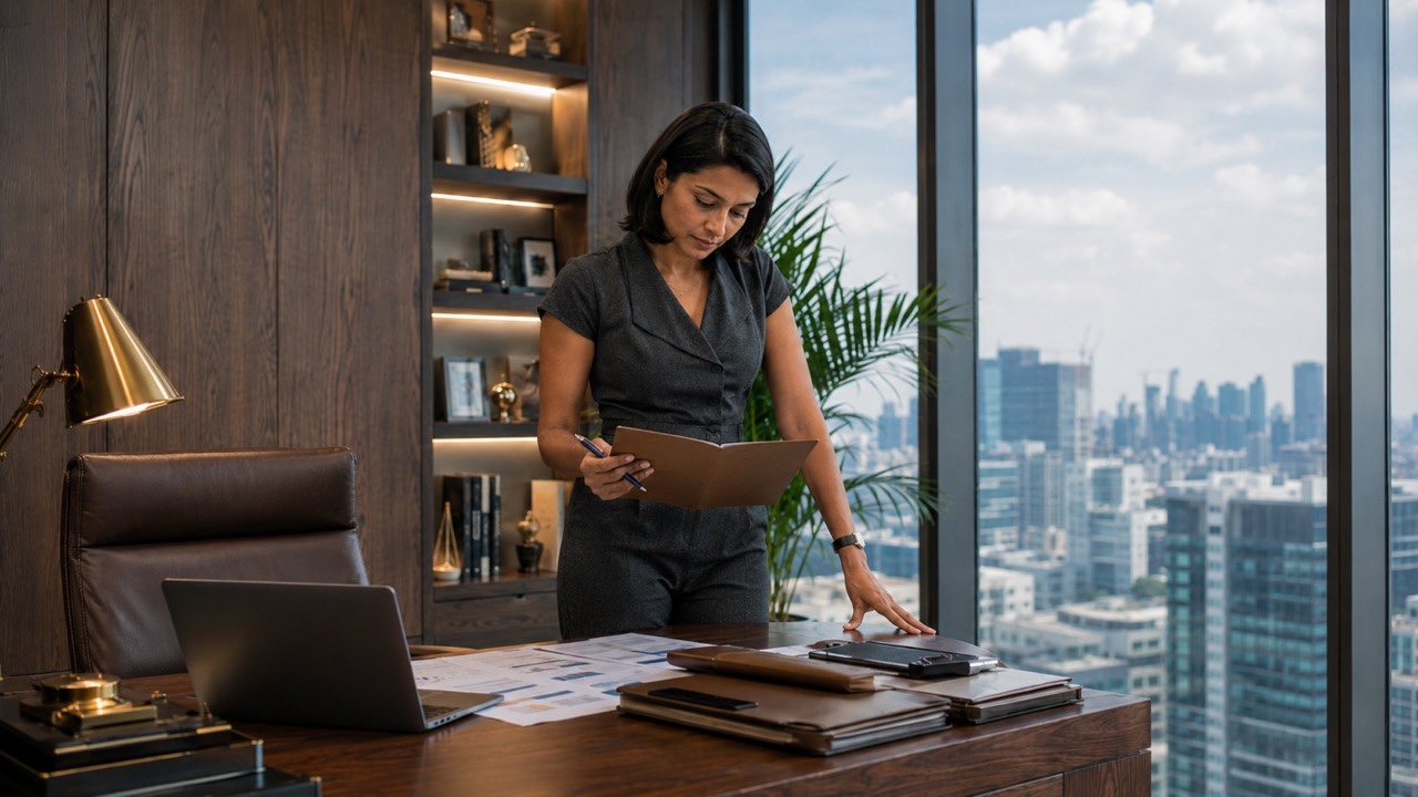 Indian Executive on Business Call in Luxury Office Workspace | Royalty-Free image | Pixlaris