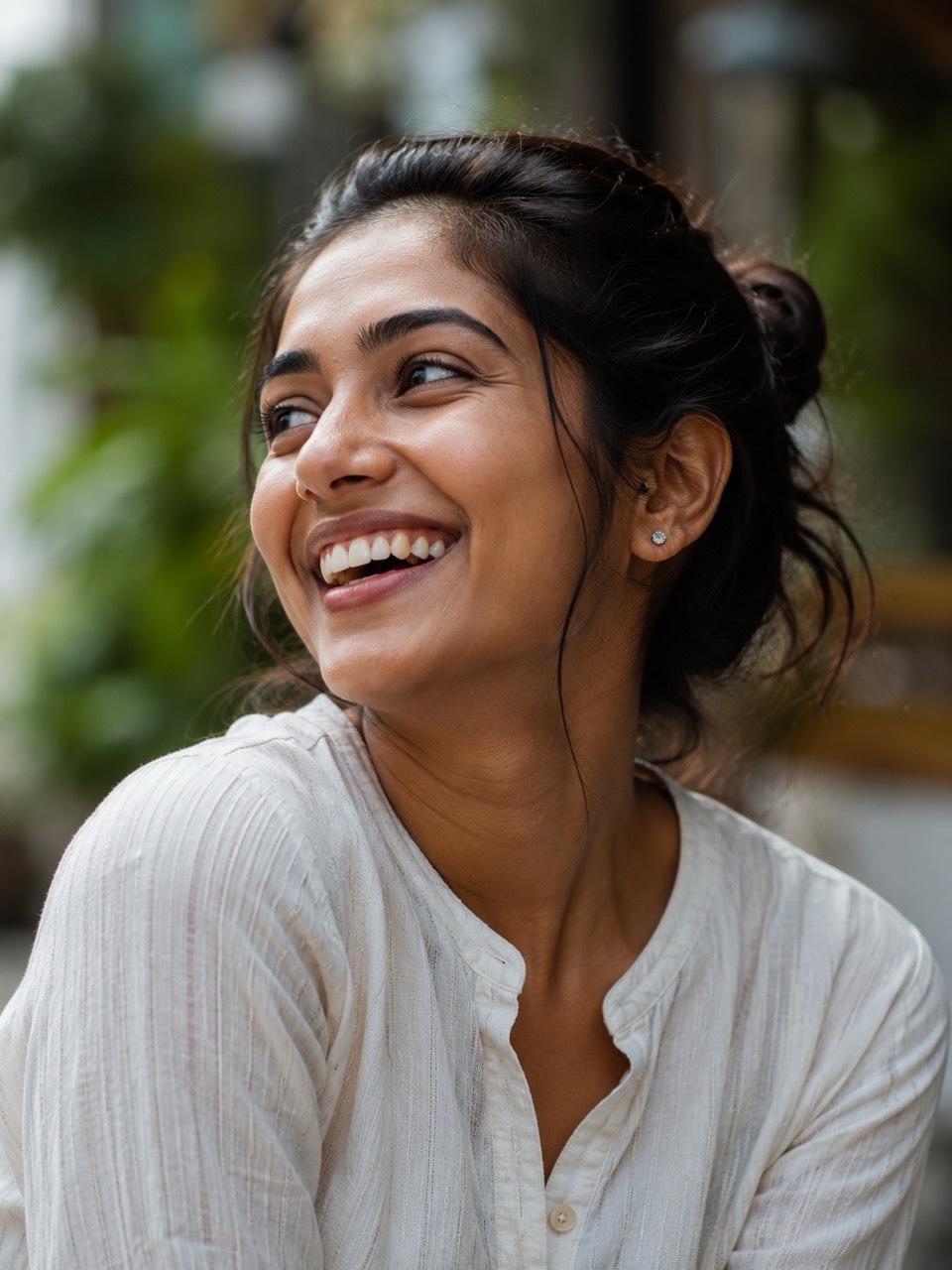 Joyful Indian Woman Laughing in Natural Outdoor Light Portrait