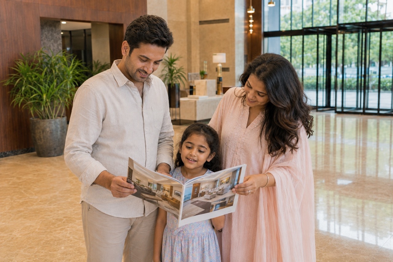 Indian Family Reading Property Brochure in Premium Apartment Lobby | Royalty-Free image | Pixlaris