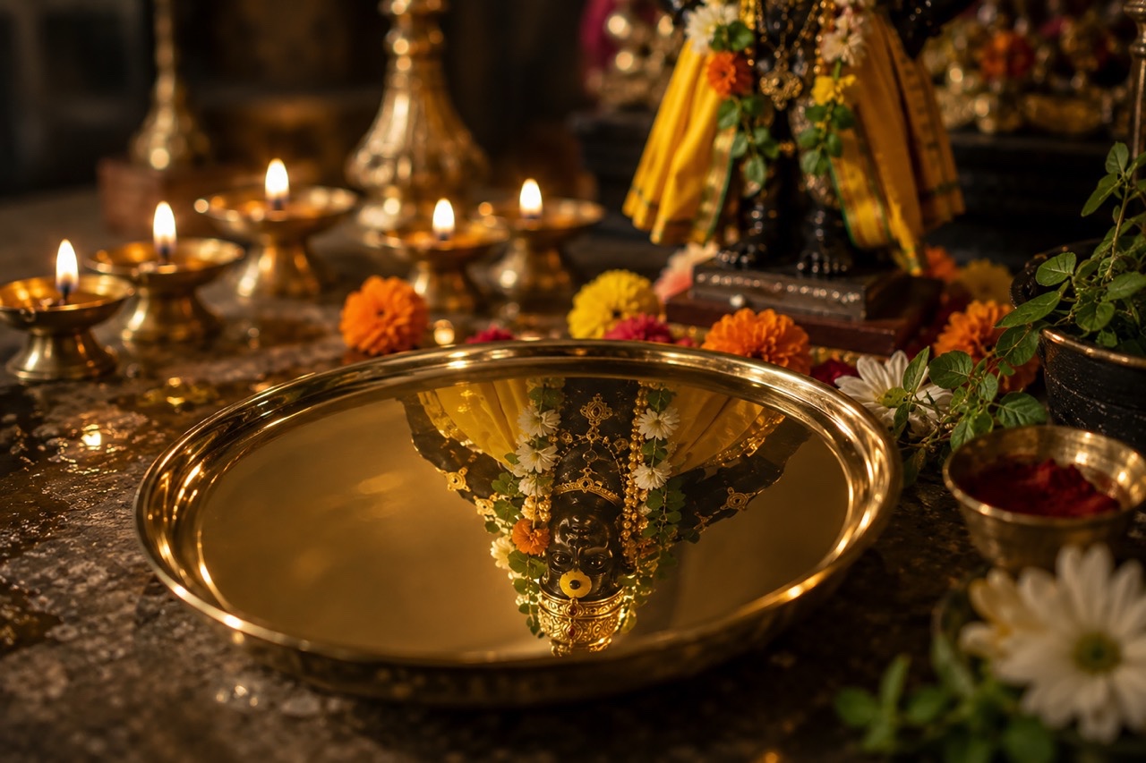 Lord Vitthal Idol Reflection in Brass Puja Thali Inside Traditional Temple | Royalty-Free image | Pixlaris