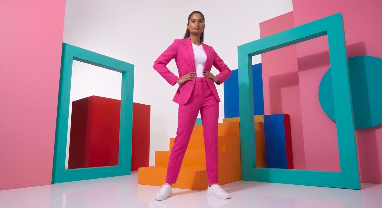 Confident Model in Pink Blazer Suit with Hands on Waist | Royalty-Free image | Pixlaris