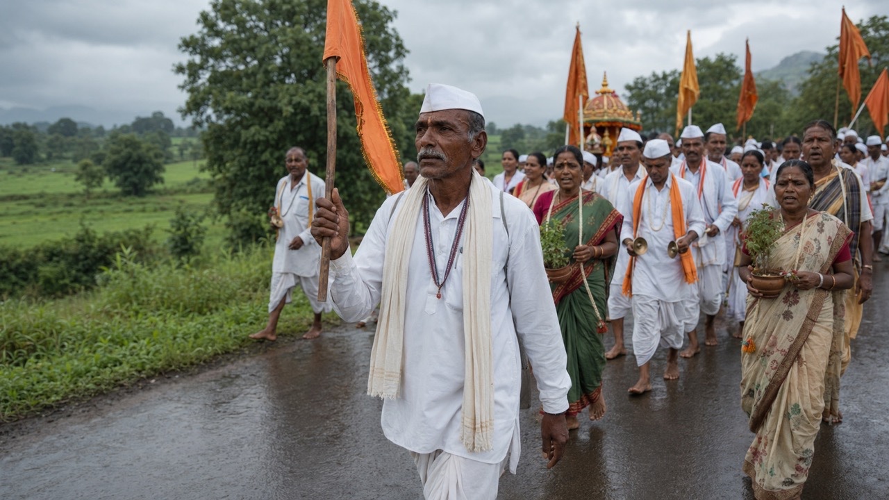 Warkari Devotees Walking in Monsoon Pilgrimage Procession | Royalty-Free image | Pixlaris