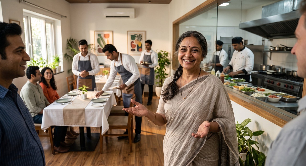 Indian Restaurant Owner Welcoming Guests in Open Kitchen Dining Room