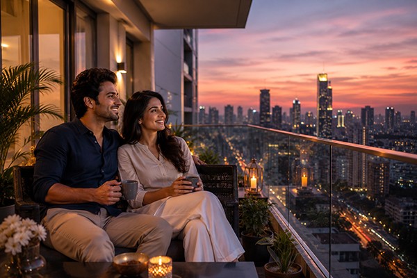 Young Indian Couple Relaxing on Luxury Apartment Balcony at Sunset with City Skyline