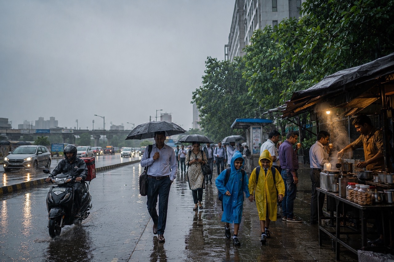 People Gather at Roadside Tea Stall During Rainy Morning Commute | Royalty-Free image | Pixlaris