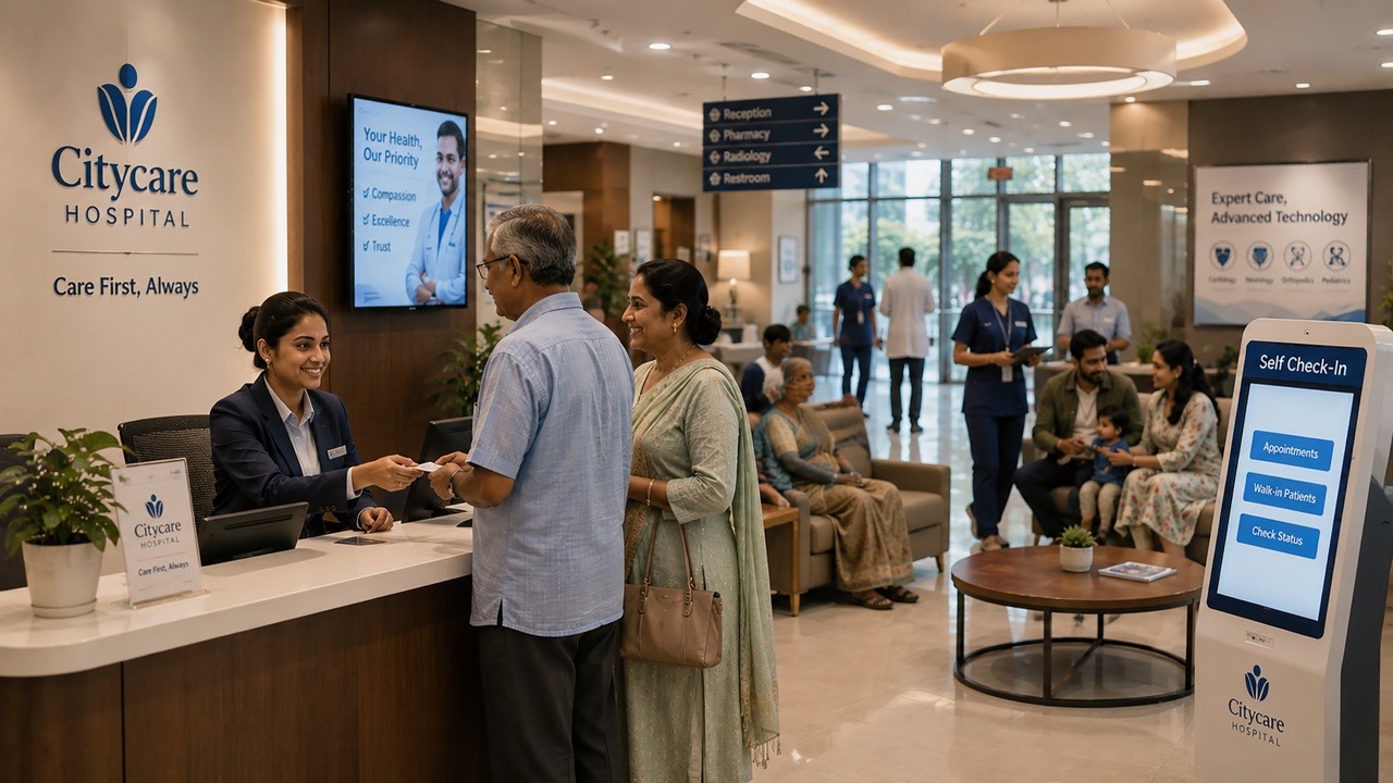 Indian Patients Registering at Modern Hospital Reception with Digital Self Check-In Kiosk Large