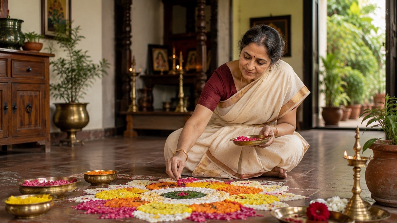 Indian Senior Woman Creating Traditional Flower Rangoli at Home