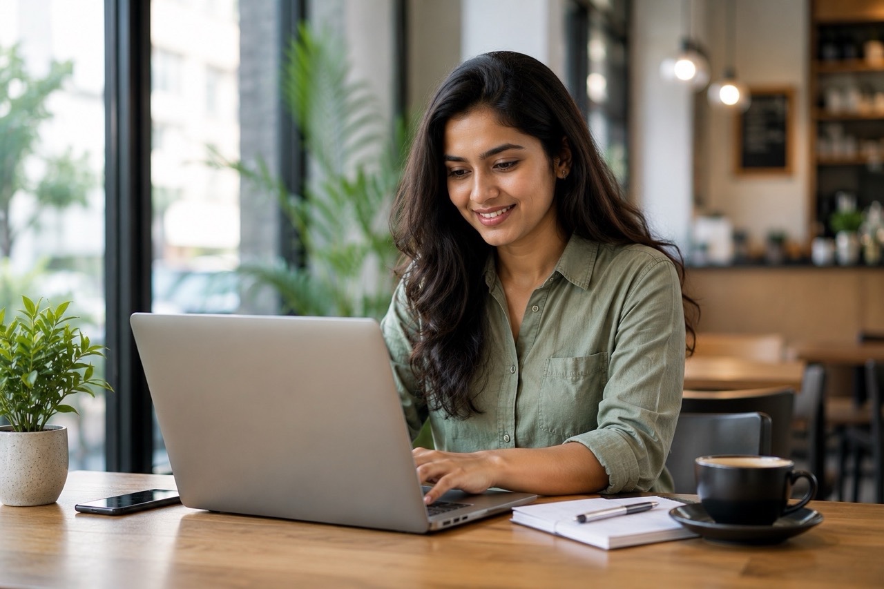 Young Indian Woman Working on Laptop in Modern Cafe Workspace