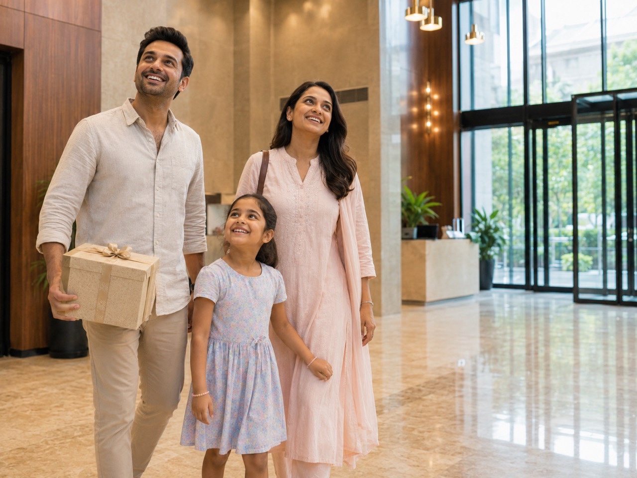 Indian Family Arriving at Luxury Apartment With Gift Box | Royalty-Free image | Pixlaris