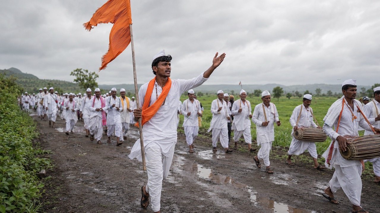 Young Varkari Man Carrying Saffron Flag in Monsoon Wari | Royalty-Free image | Pixlaris