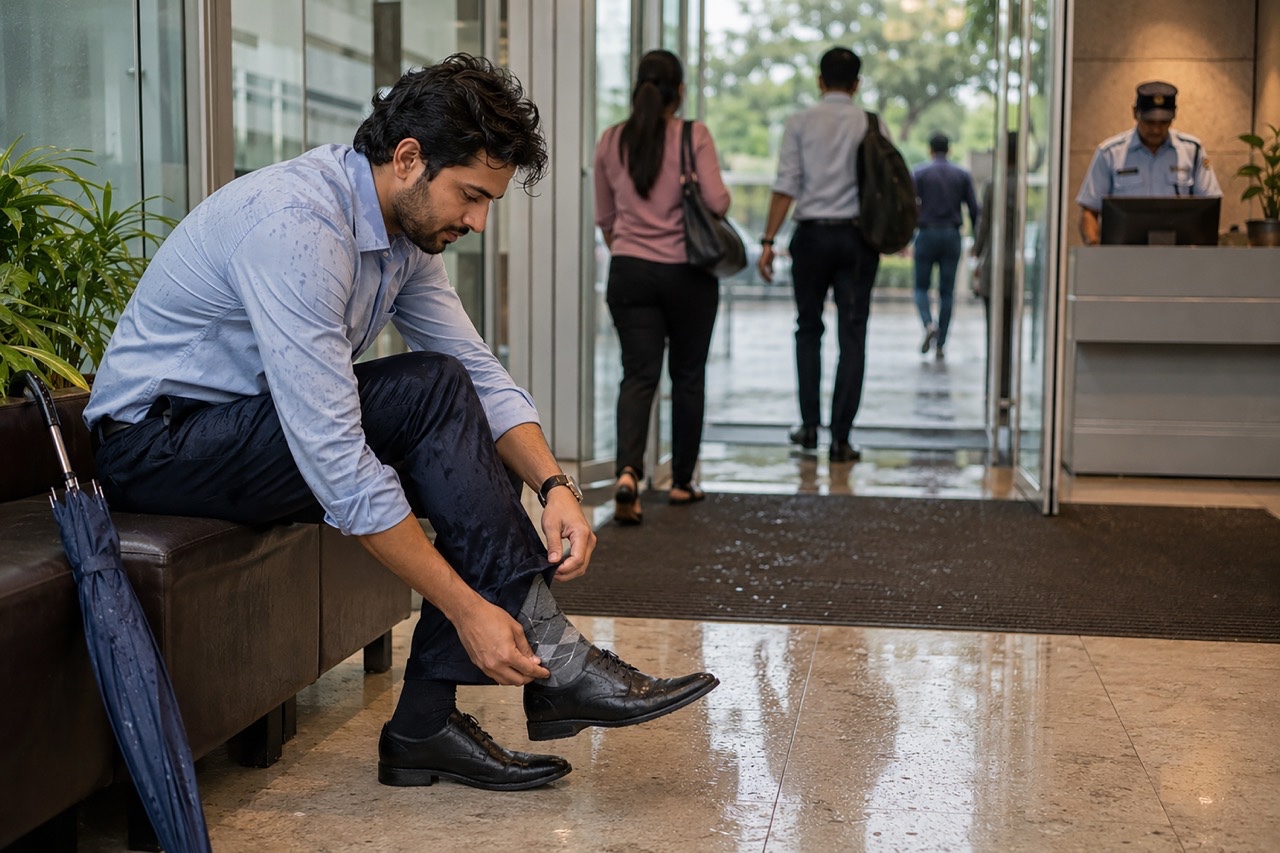 Young Indian Professional Changing Wet Socks After Rain at Office Lobby | Royalty-Free image | Pixlaris