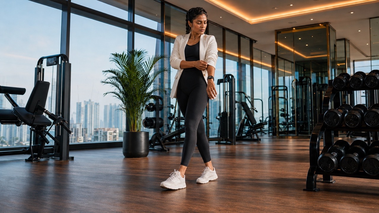 Luxury Gym Woman Adjusting Blazer Sleeve After Workout | Royalty-Free image | Pixlaris