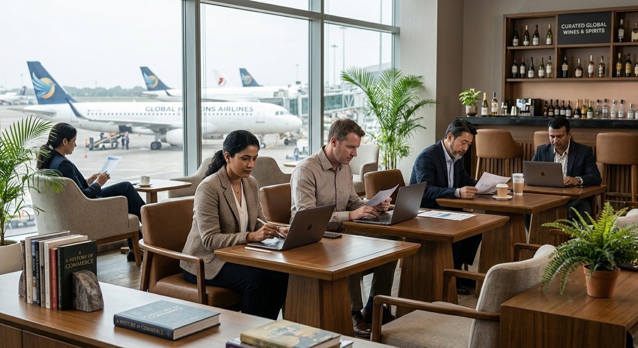 Business Professionals Working in Airport Lounge Before Flight