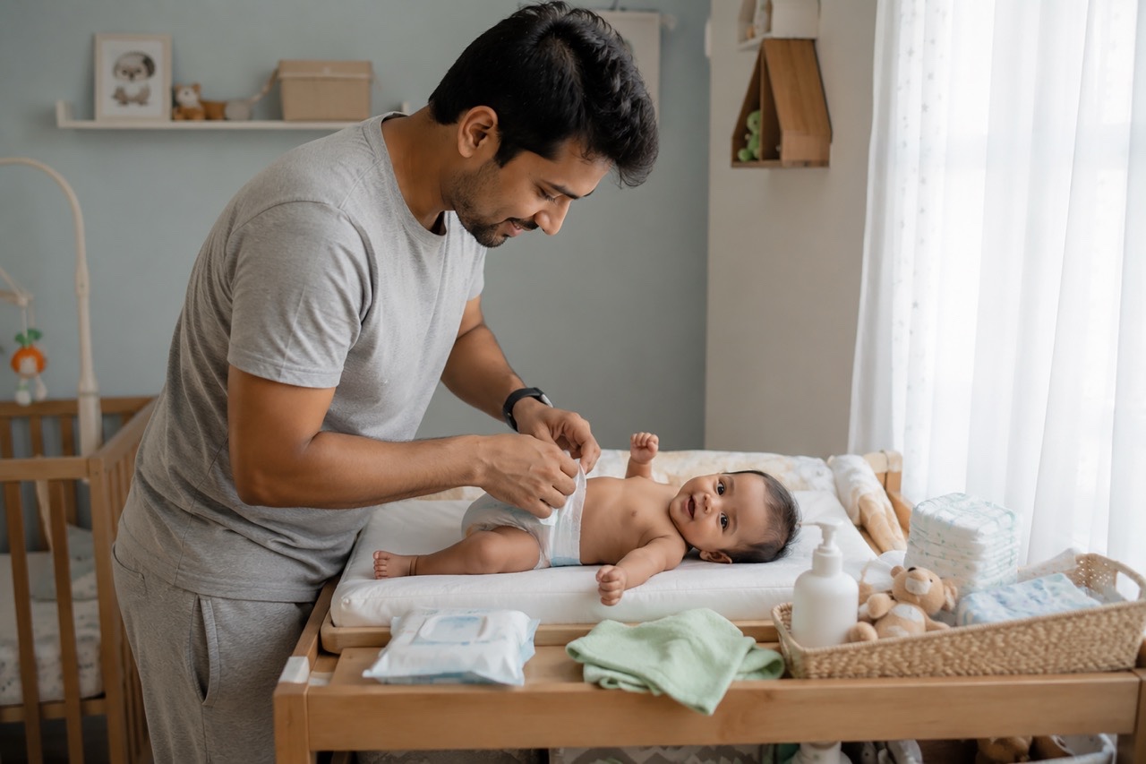 Father Changing Baby Diaper in Modern Nursery | Royalty-Free image | Pixlaris