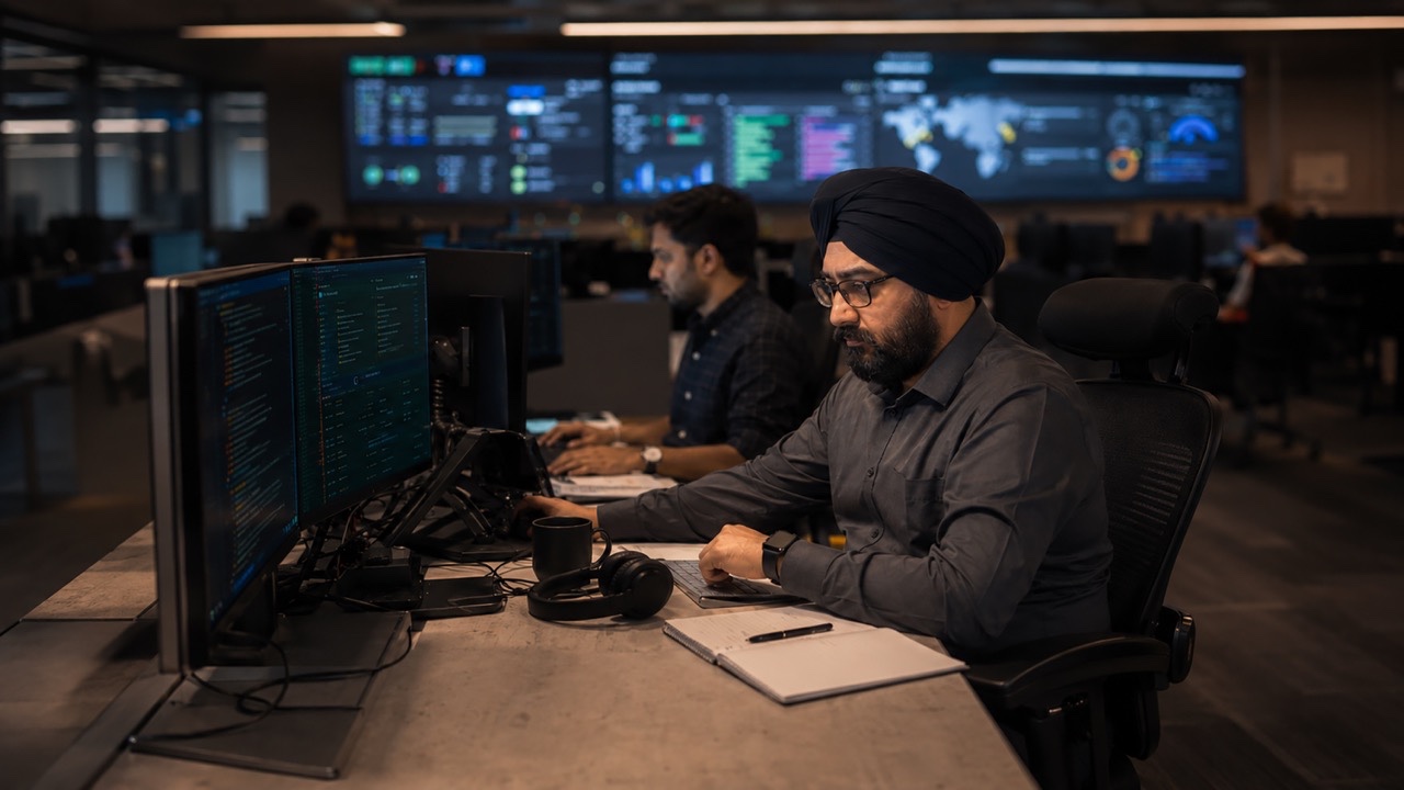 Sikh Cybersecurity Analyst Monitoring Security Operations Center in Modern IT Office Large