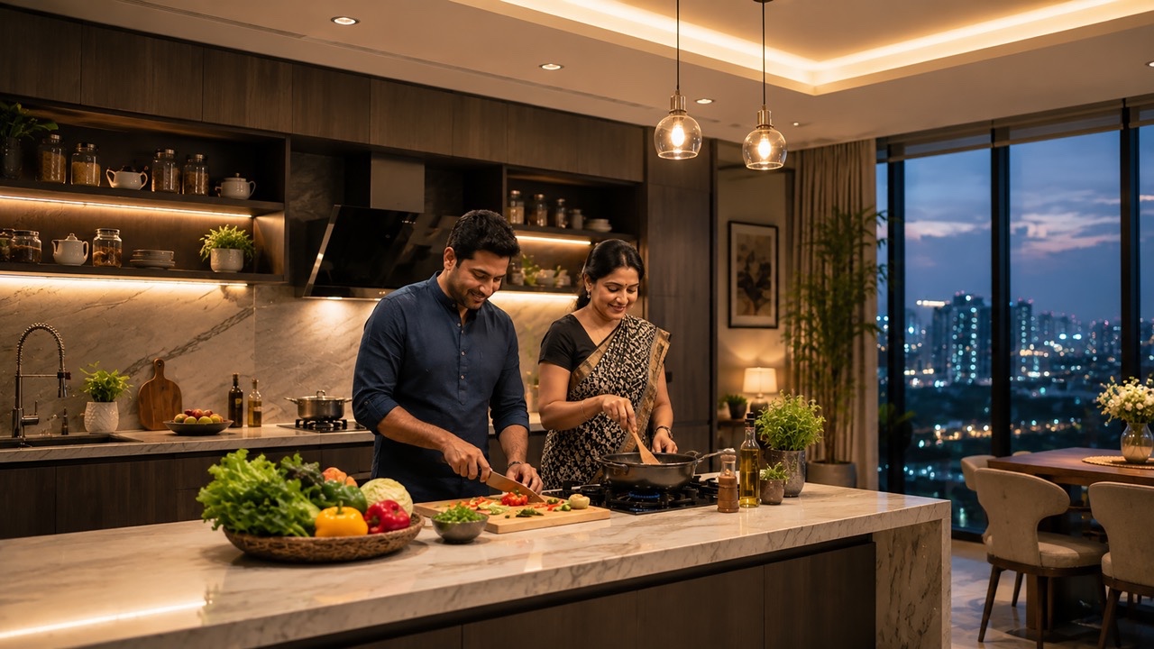 Indian Couple Cooking Dinner Together in Luxury Modern Kitchen at Night Large