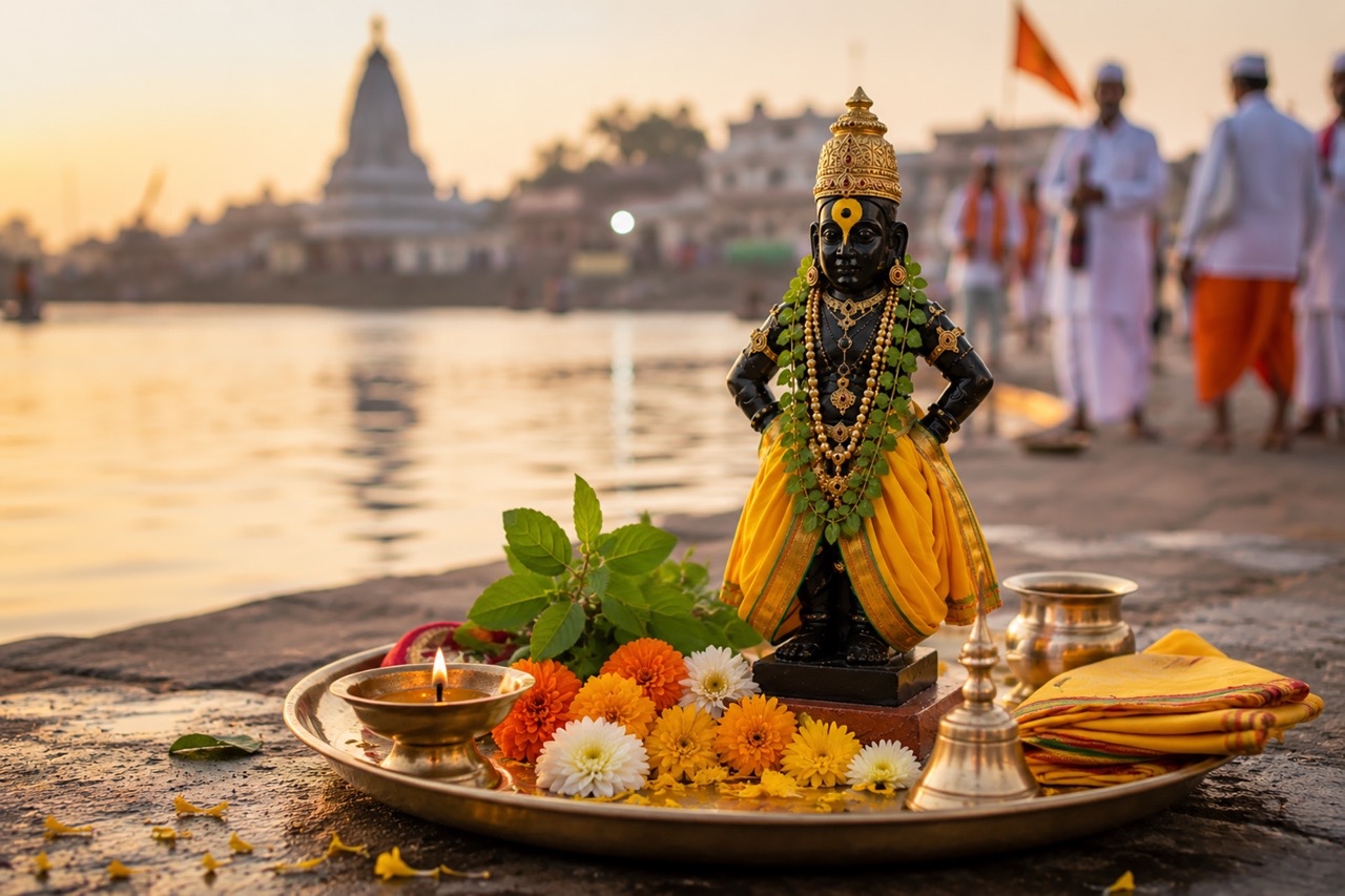 Lord Vitthal Idol on Sacred River Ghat at Sunrise | Royalty-Free image | Pixlaris