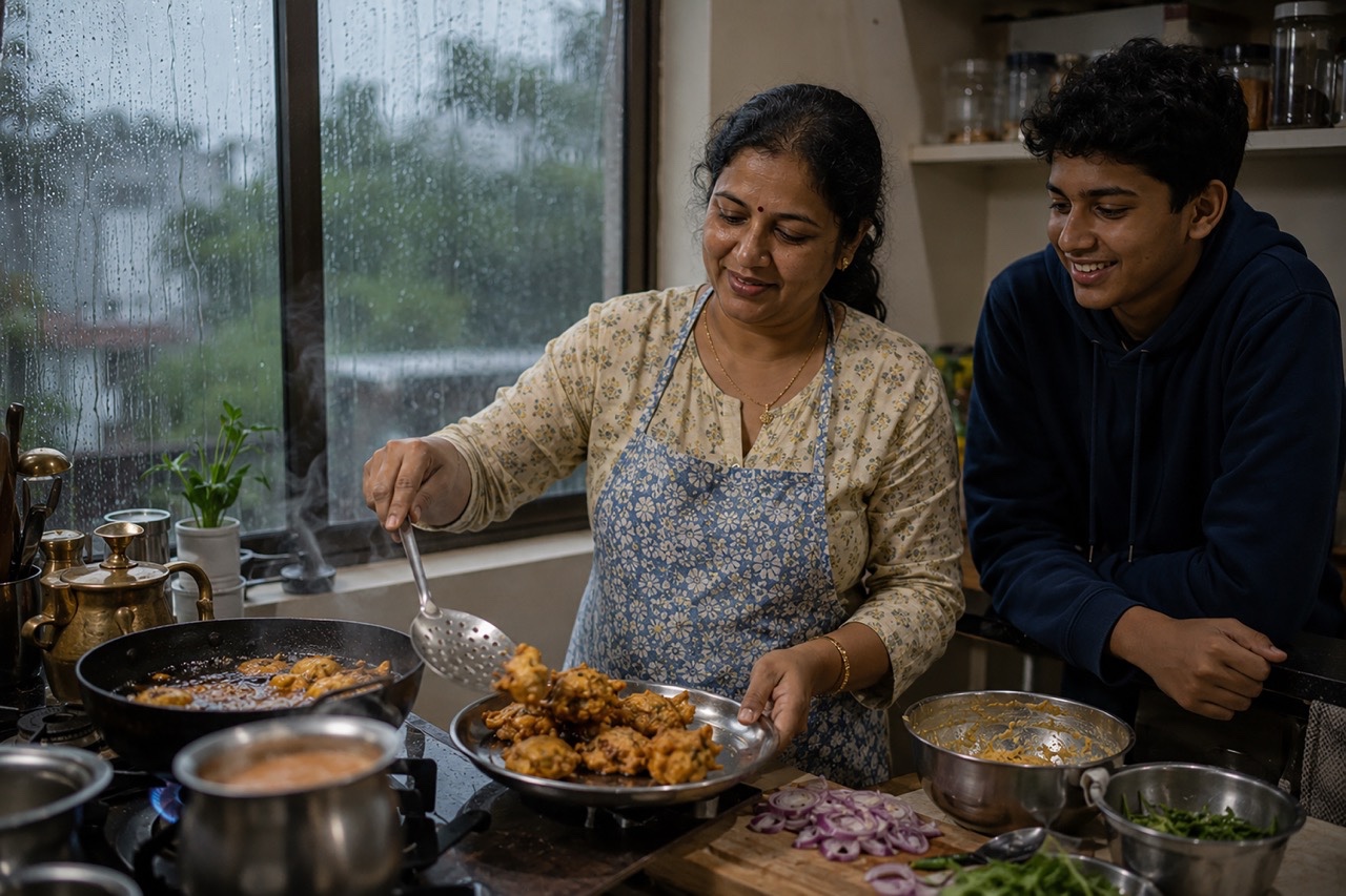 Mother Serving Fresh Pakoras to Son on Cozy Rainy Evening at Home | Royalty-Free image | Pixlaris