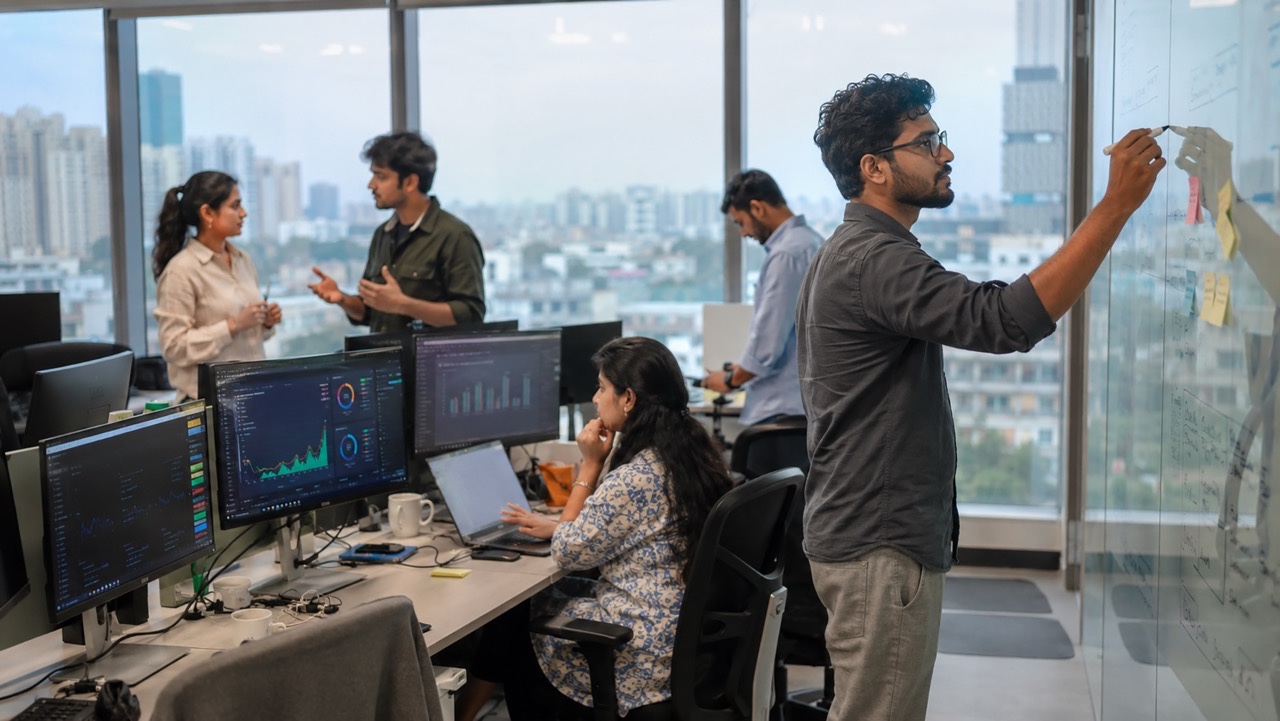 Indian Software Development Team Collaborating in Modern Tech Office with Analytics Dashboards  Large