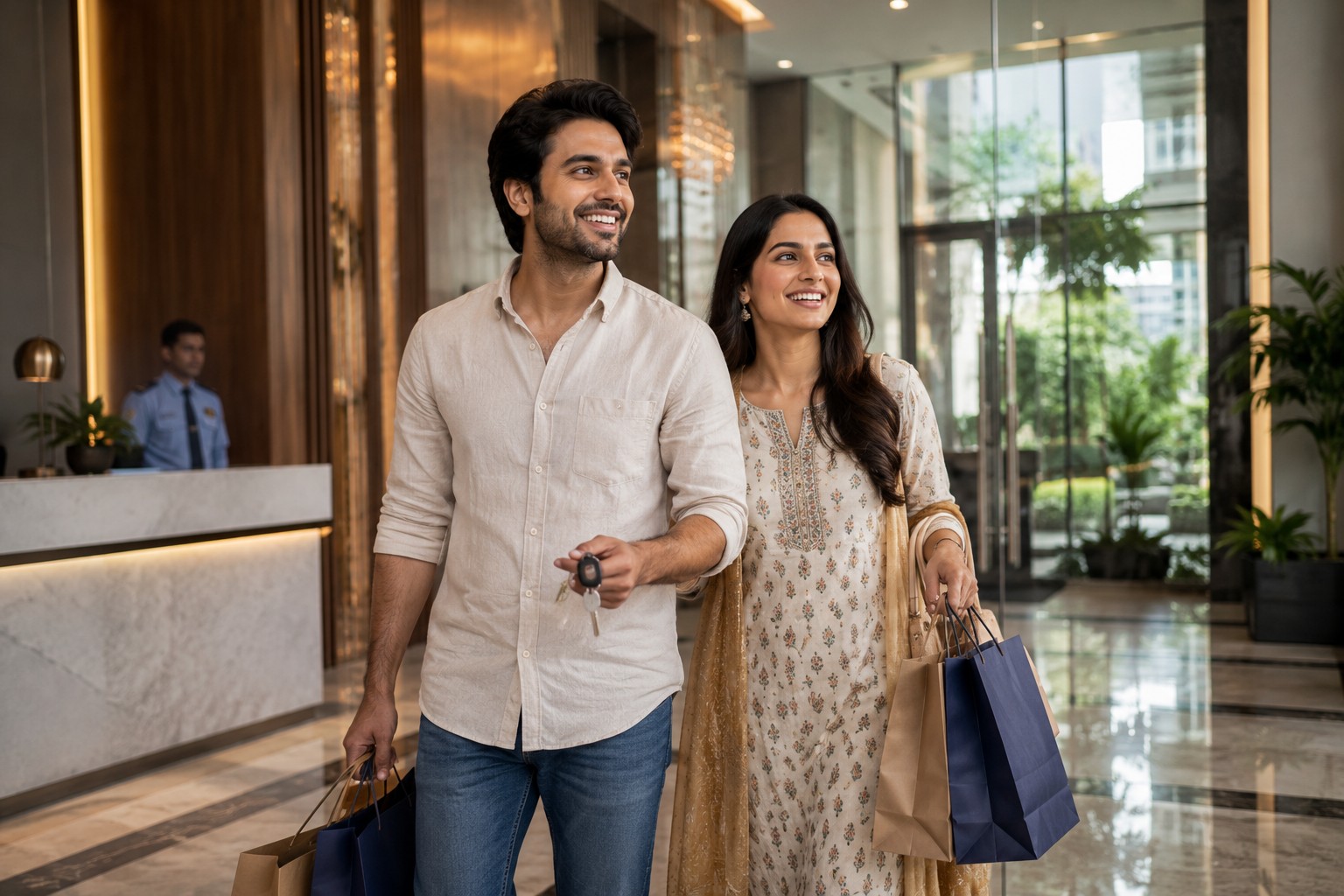 Young Indian Couple Entering Luxury Apartment Lobby with Shopping Bags and House Keys